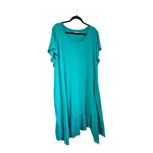 Logo Lori Goldstein Shift Dress 4XP Green Eyelet Hem S/S Pockets